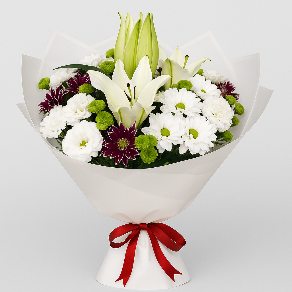 Beyaz Lilyum Papatya Buketi